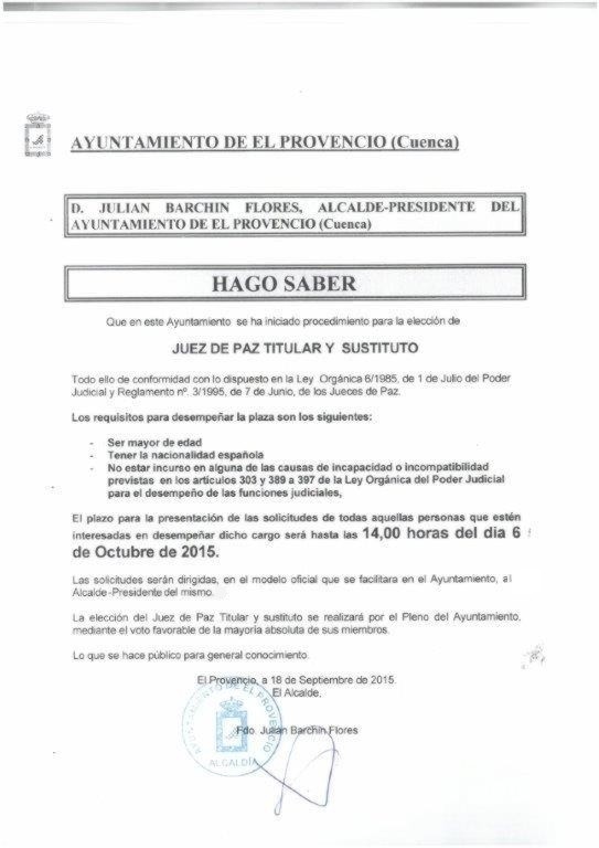 Iniciado el procedimiento para la elección de JUEZ DE PAZ TITULAR y SUSTITUTO