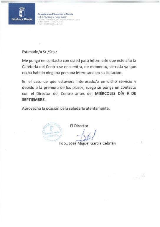 Licitación de la cafetería del IESO Tomás de la Fuente Jurado