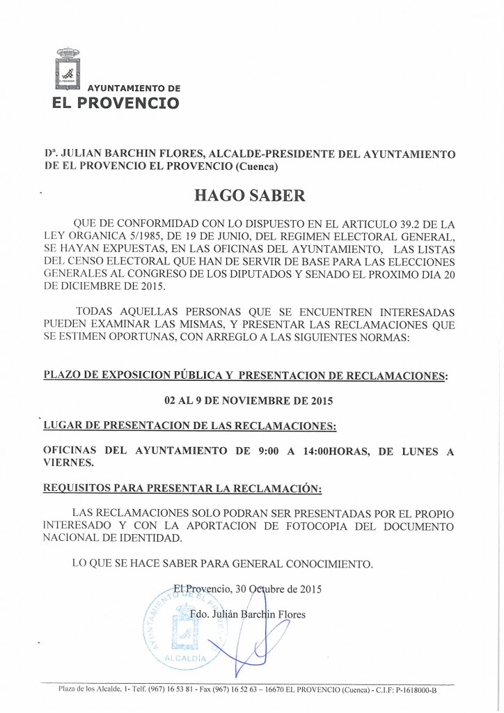 Listas del censo electoral: plazo de exposición pública y presentación de reclamaciones