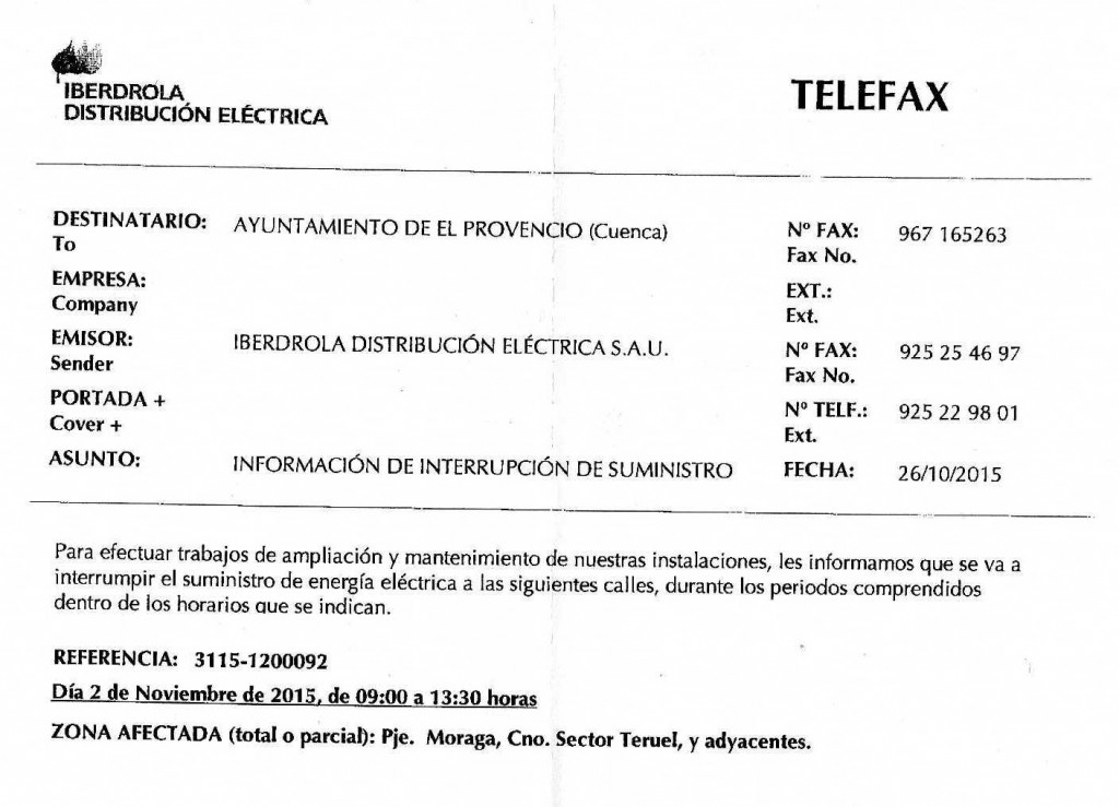 Notificación de interrupción del suministro de energía eléctrica y zonas afectadas