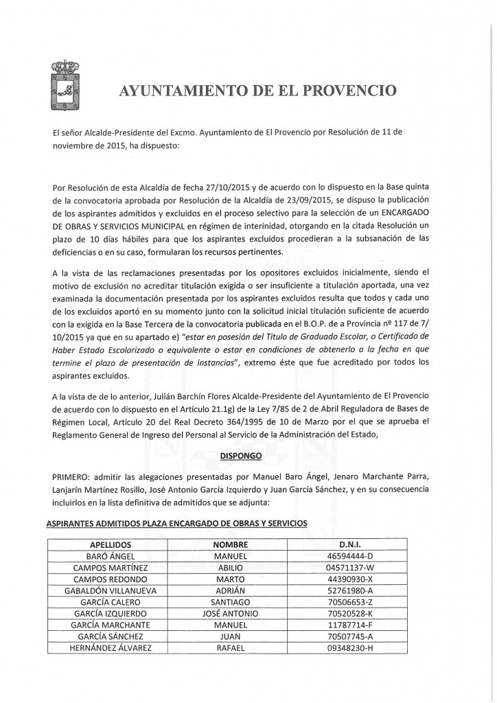 Lista definitiva de aspirantes admitidos para la selección de una plaza de encargado de obras y servicios municipales