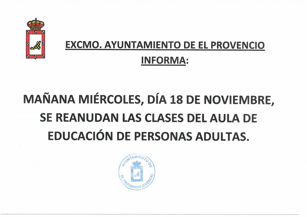Mañana miércoles, día 18 de noviembre, se reanudan las clases del Aula de Educación de Personas Adultas