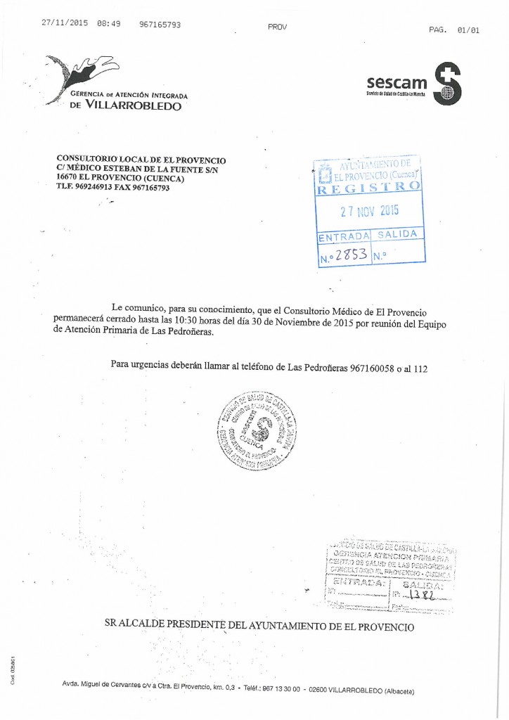El próximo lunes día 30 el consultorio médico permanecerá cerrado hasta las 10:30 horas