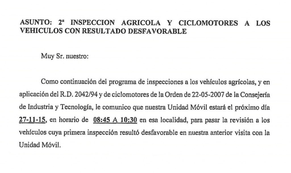 2ª Inspección agrícola y de ciclomotores a los vehículos con resultado desfavorable