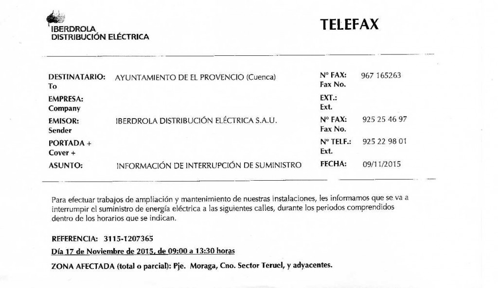 Notificación de interrupción del suministro de energía eléctrica y zonas afectadas