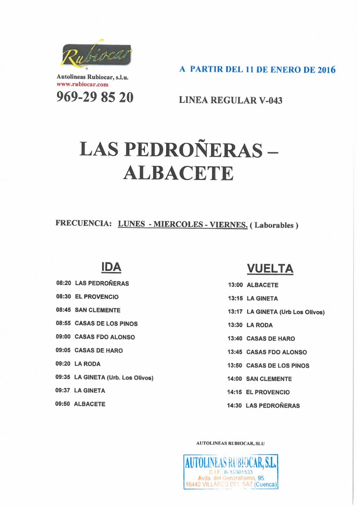 LAS PEDROÑERAS – ALBACETE, nueva línea regular de viajeros
