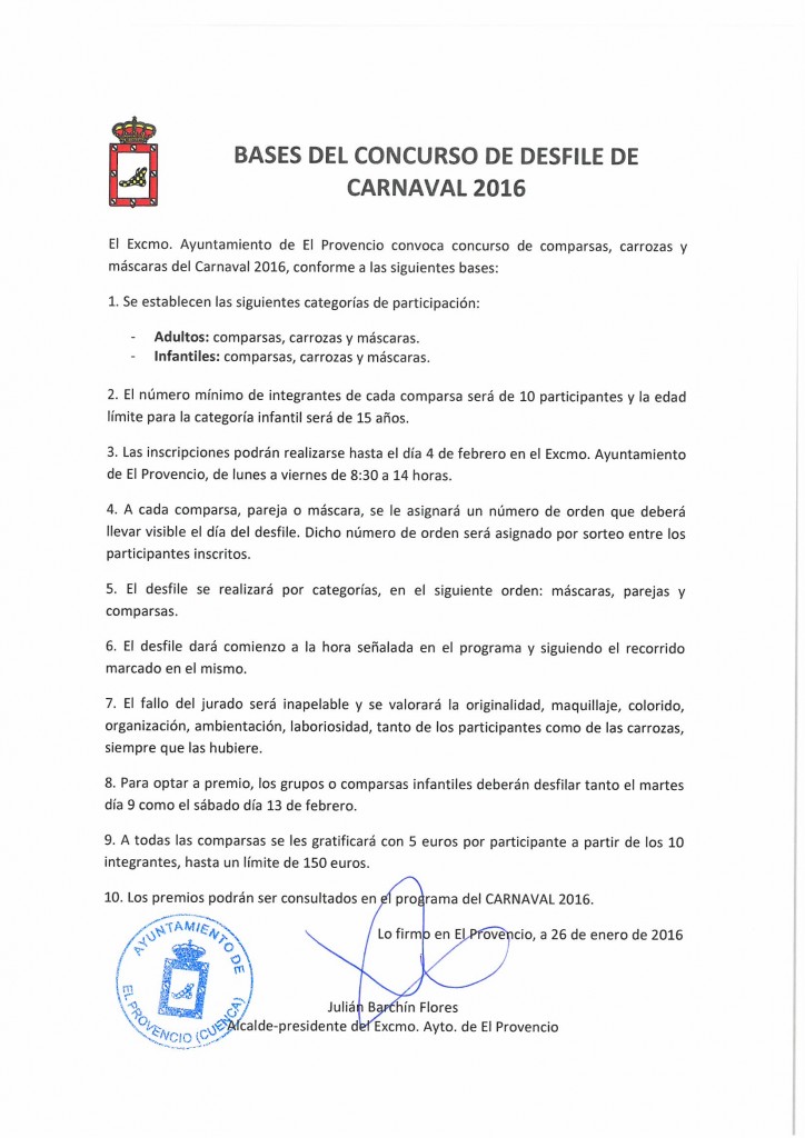 Bases del concurso de desfile de CARNAVAL 2016