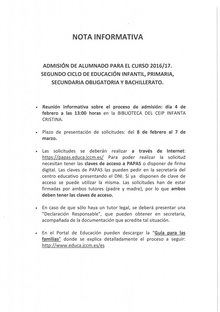 Nota informativa desde el CEIP Infanta Cristina sobre la admisión de alumnado para el curso 2016/2017