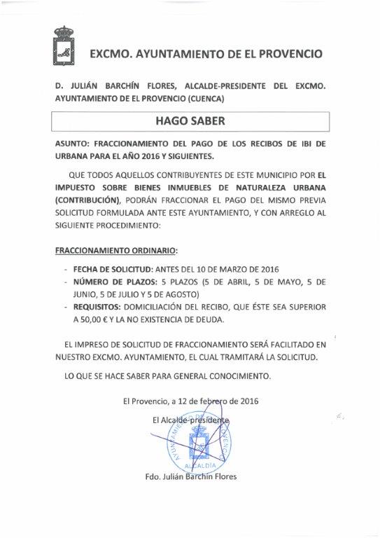 Información sobre el FRACCIONAMIENTO DEL PAGO DE LOS RECIBOS DE IBI DE URBANA PARA EL AÑO 2016 Y SIGUIENTES