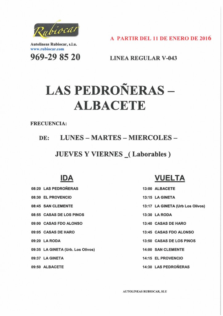 La línea regular LAS PEDROÑERAS – ALBACETE dará servicio todos los días laborales, de lunes a viernes