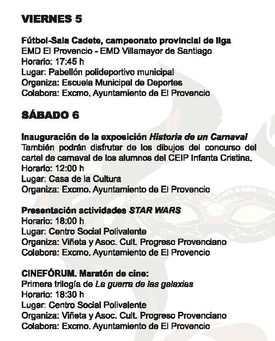 Mañana viernes todos los provencianos dispondremos de un programa del CARNAVAL 2016  en nuestros hogares