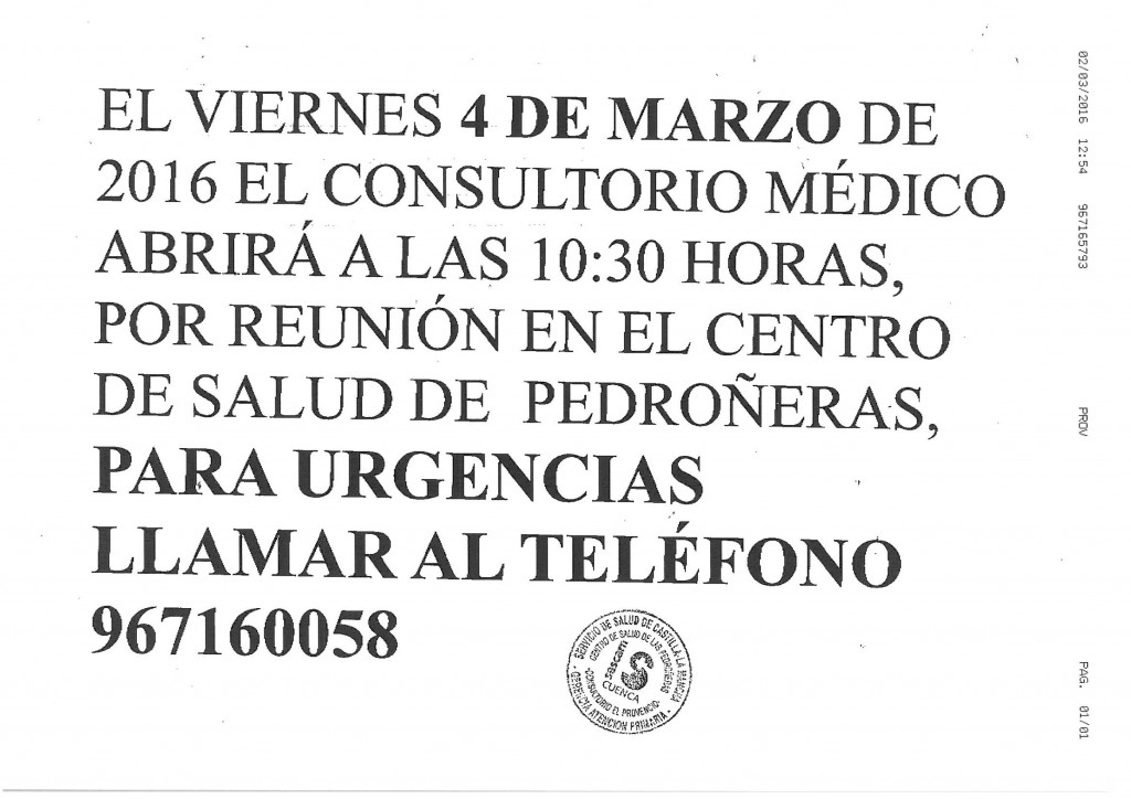 Mañana viernes día 4 de marzo, nuestro consultorio médico abrirá a las 10:30 horas