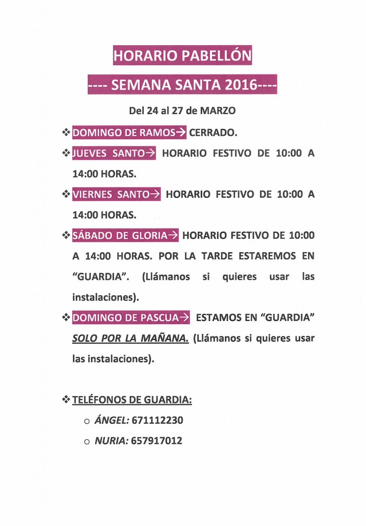 Horario de nuestro pabellón polideportivo durante la Semana Santa 2016