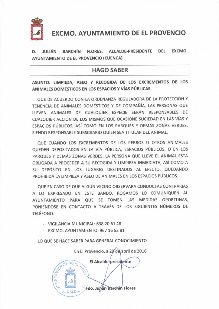 BANDO SOBRE LA LIMPIEZA, ASEO Y RECOGIDA DE EXCREMENTOS DE LOS ANIMALES DOMÉSTICOS EN LOS ESPACIOS Y VÍAS PÚBLICAS