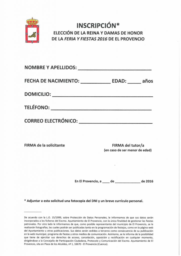 BASES PARA LA ELECCIÓN DE LA REINA Y DAMAS DE HONOR DE LA FERIA Y FIESTAS PATRONALES DE EL PROVENCIO