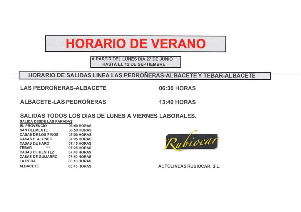 Horario de verano de la línea Las Pedroñeras-Albacete (válido desde el 27 de junio hasta el 12 de septiembre)