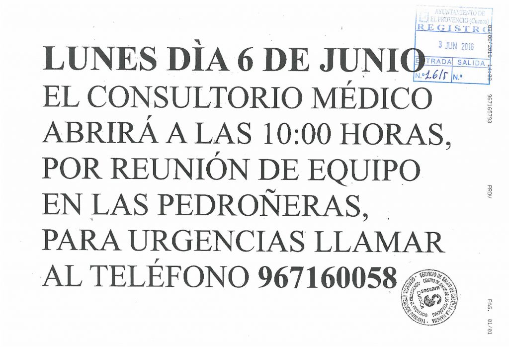 El próximo lunes día 6 de junio nuestro consultorio médico abrirá a las 10 horas