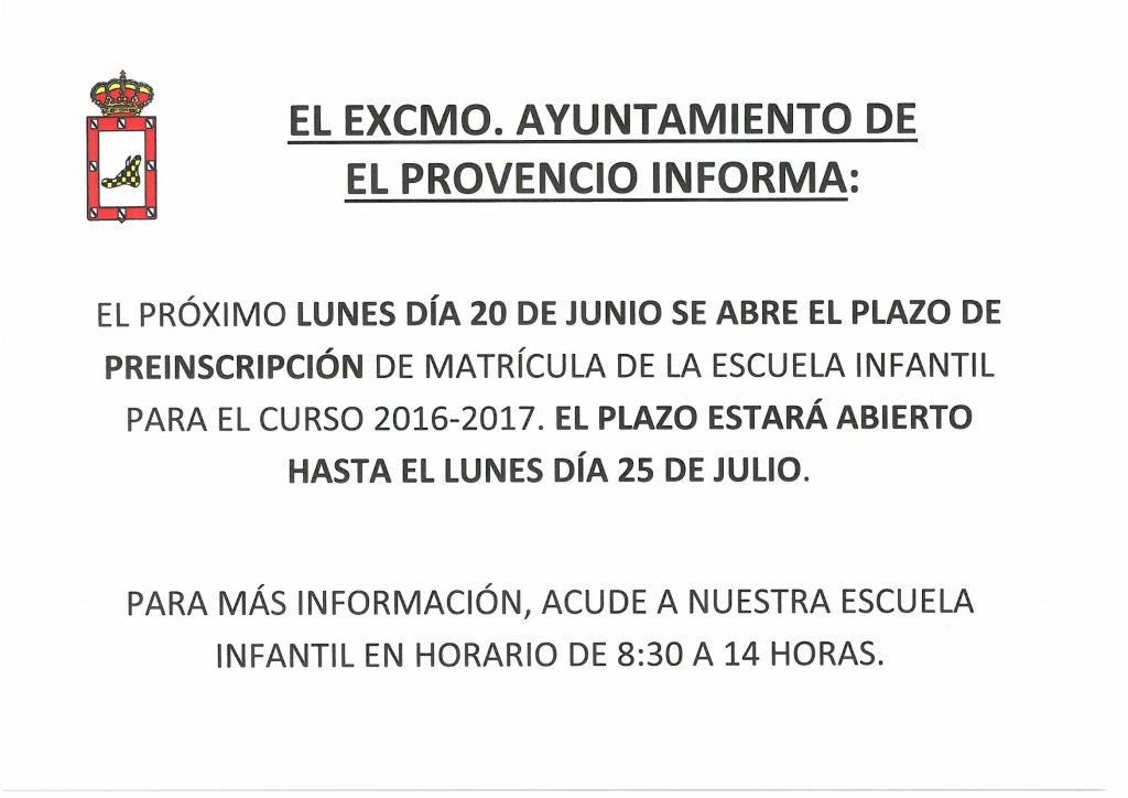 El próximo lunes día 20 de junio se abre el plazo de preinscripción de la ESCUELA INFANTIL LOS PITUFOS para el curso 2016-2017
