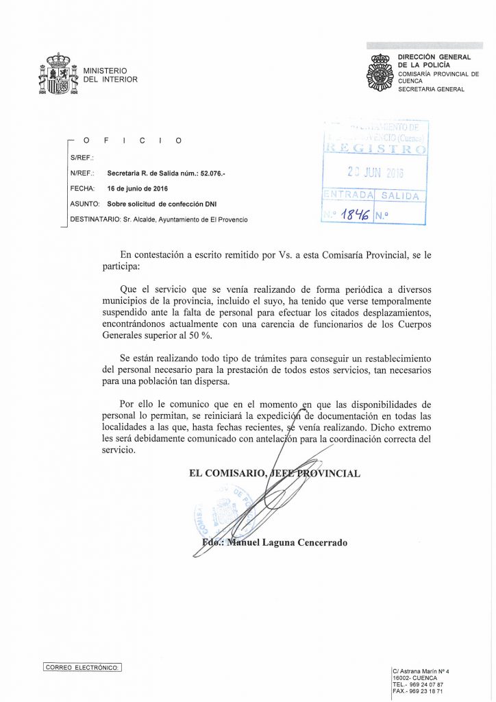 Notificación de la Comisaría Provincial de Cuenca sobre la expedición del DNI rural