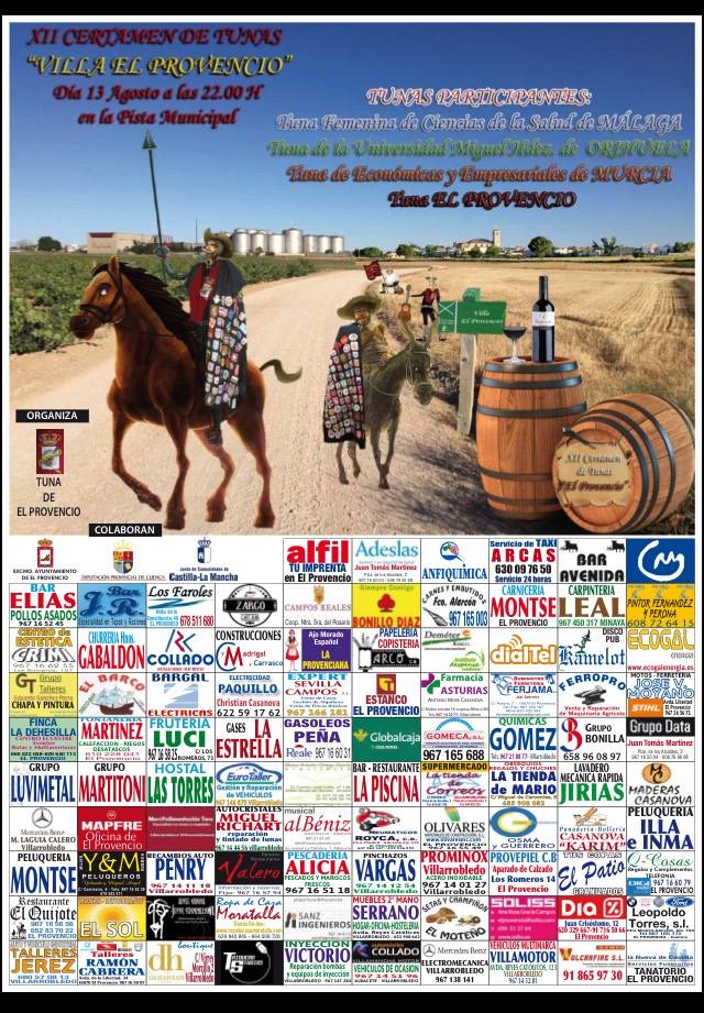 El próximo sábado día 13 de agosto se celebrará el XII CERTAMEN NACIONAL DE TUNAS VILLA DE EL PROVENCIO