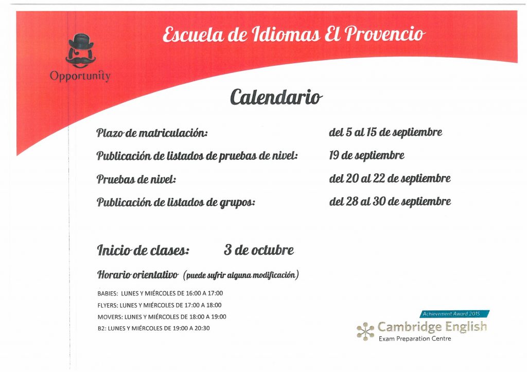 Calendario de matriculación en la Escuela de Idiomas OPPORTUNITY