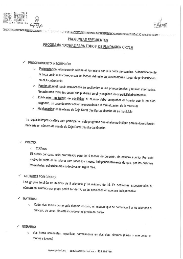 El plazo de preinscripción en la Escuela de Idiomas GET BRIT! será hasta el próximo día 16 de septiembre