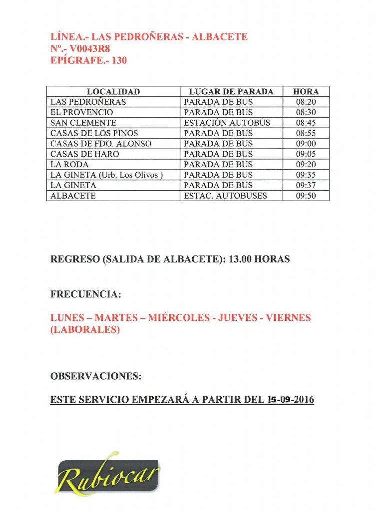 Horario de invierno de la línea regular de autobús LAS PEDROÑERAS – ALBACETE (válido desde el 15/09/2016)