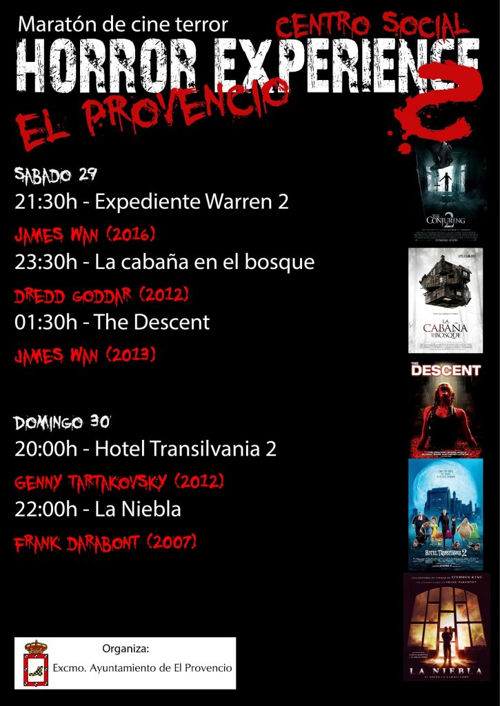 El próximo fin de semana días 29 y 30 de octubre, maratón de cine de terror en el salón de actos del Centro Social Polivalente