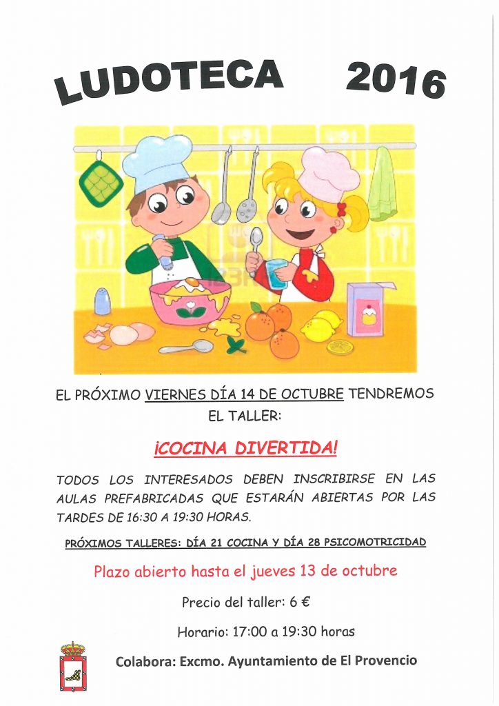 El próximo viernes día 14 de octubre la ludoteca oferta un taller de COCINA DIVERTIDA