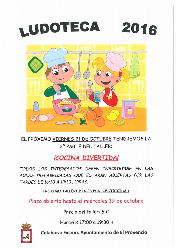 El próximo viernes día 21 de octubre la ludoteca oferta la 2ª parte de su taller de COCINA DIVERTIDA