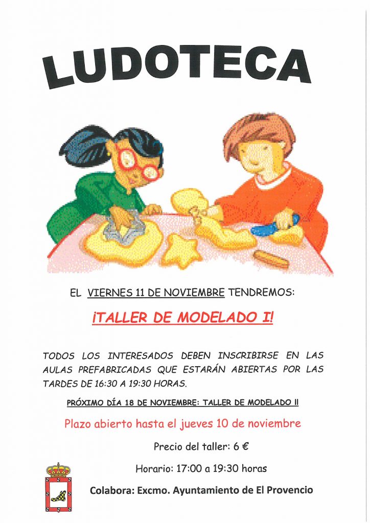 El próximo viernes día 11 de noviembre la ludoteca oferta el TALLER DE MODELADO I