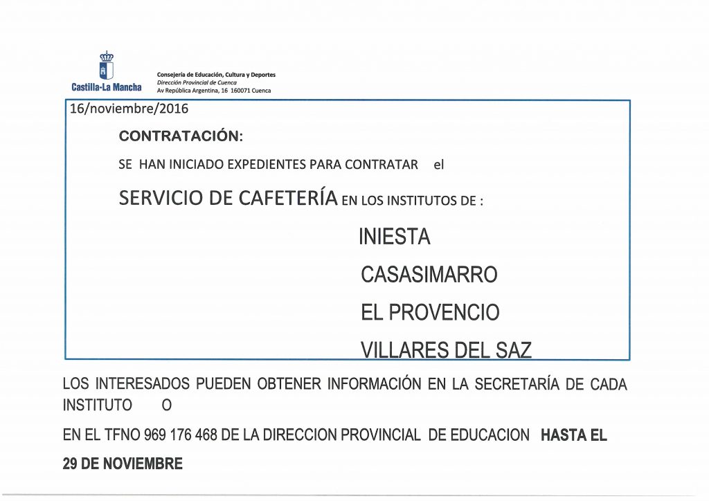 Anuncio de contratación del servicio de cafetería