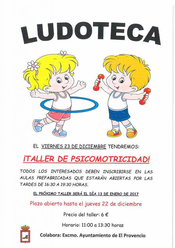 El próximo viernes día 23 de diciembre la ludoteca oferta el «TALLER DE PSICOMOTRICIDAD»