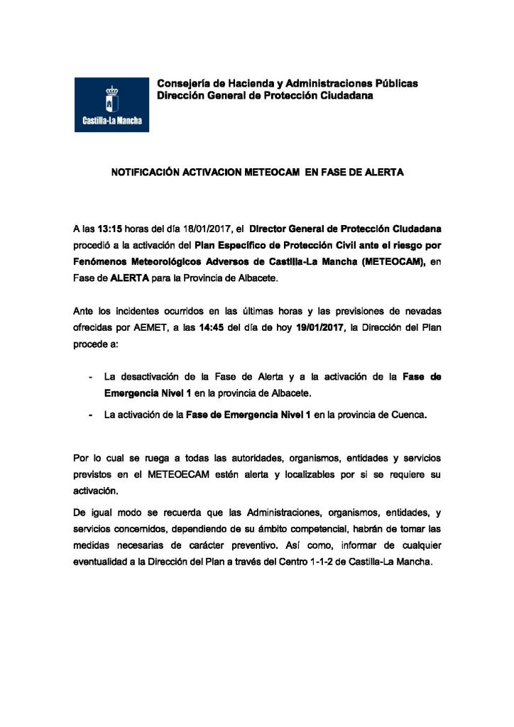 Activada la FASE DE EMERGENCIA NIVEL 1 en la provincia de Cuenca