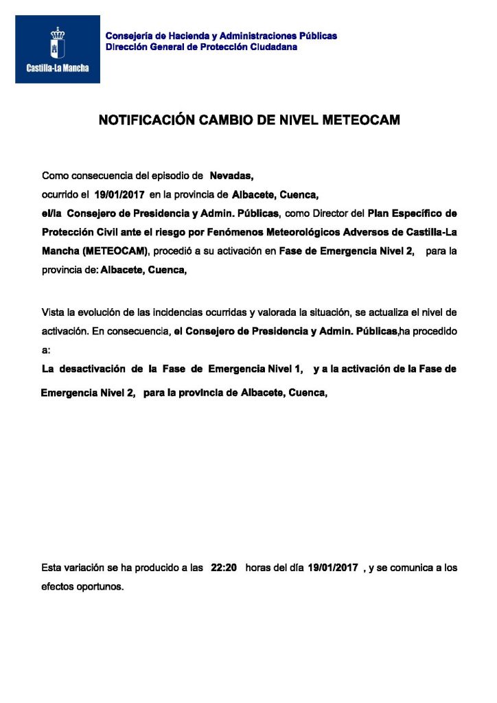 Modificación del nivel activado del METEOCAM. Activación de la FASE DE EMERGENCIA NIVEL 2