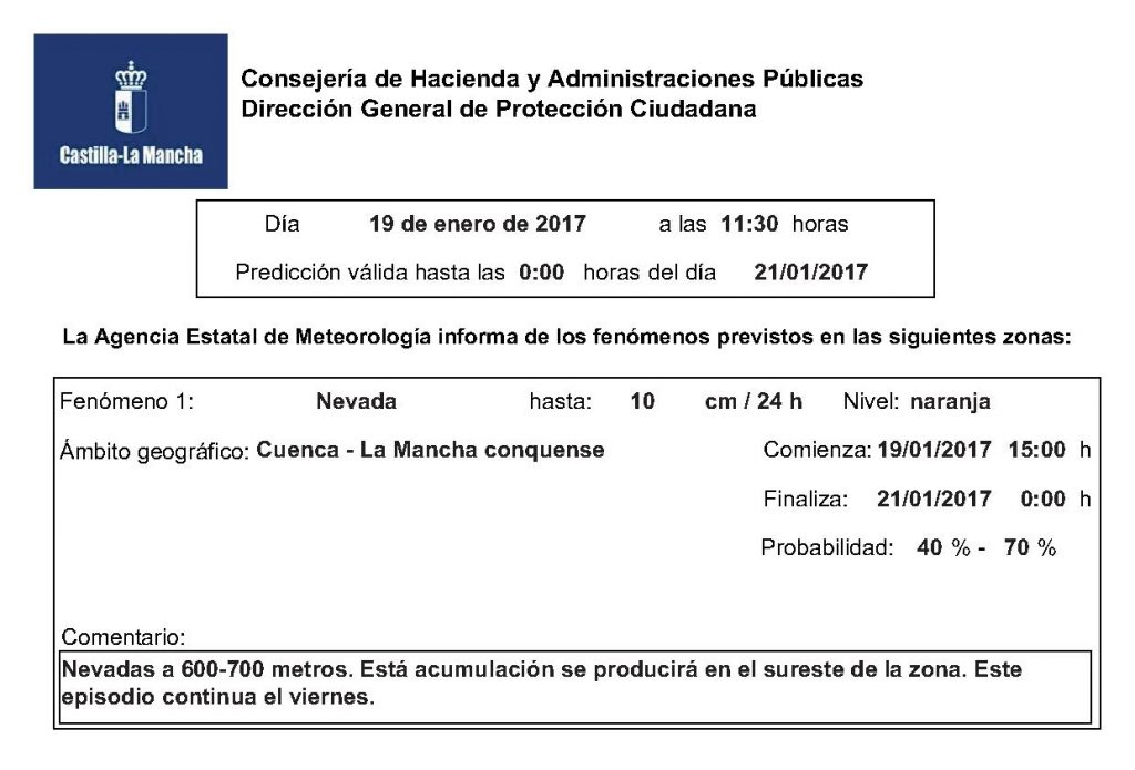 Activado en El Provencio el protocolo de actuación en caso de nevadas ante el aviso por fenómeno meteorológico adverso nivel naranja