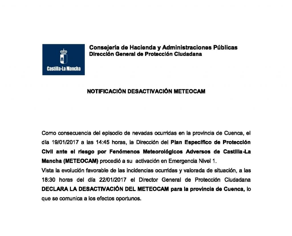 Declarada la desactivación del METEOCAM para la provincia de Cuenca