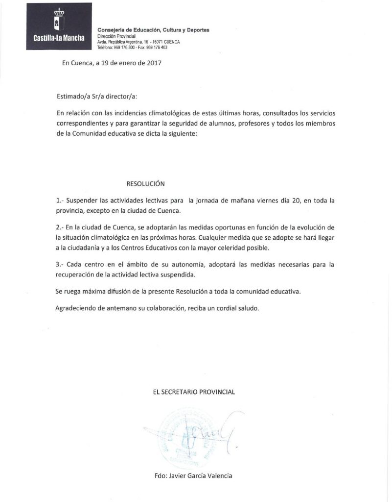 Se suspenden las actividades lectivas para la jornada de mañana viernes día 20 de enero