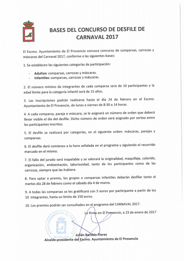 Bases del concurso de desfile de CARNAVAL 2017