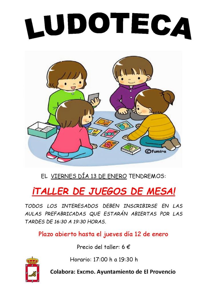 El próximo viernes día 13 de enero la ludoteca oferta el «TALLER DE JUEGOS DE MESA»