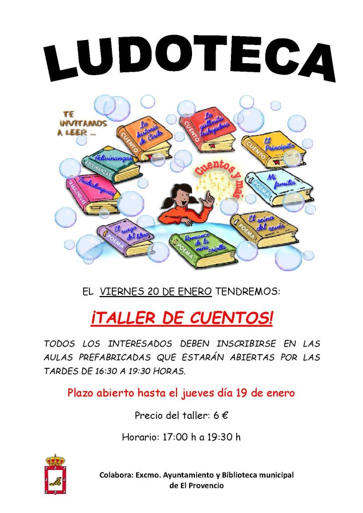 El próximo viernes día 20 de enero la ludoteca oferta el «TALLER DE CUENTOS»