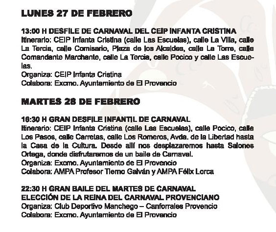 Programación de Carnaval para hoy lunes día 27 y mañana martes día 28 de febrero