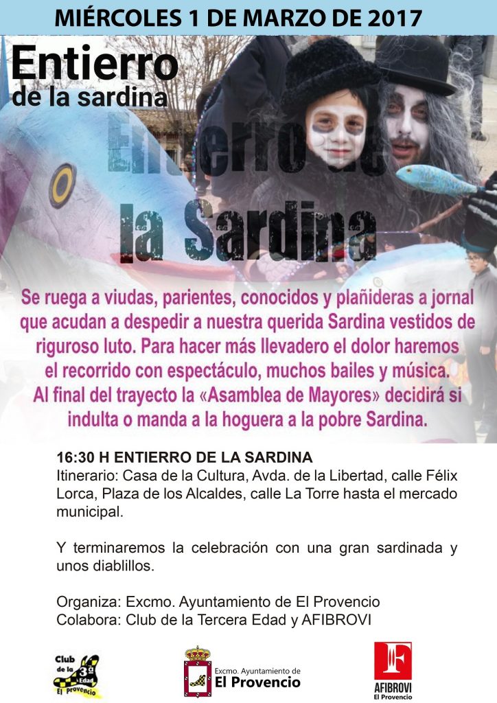 Mañana miércoles día 1 de marzo, a las 16:30 horas, celebraremos el ENTIERRO DE LA SARDINA