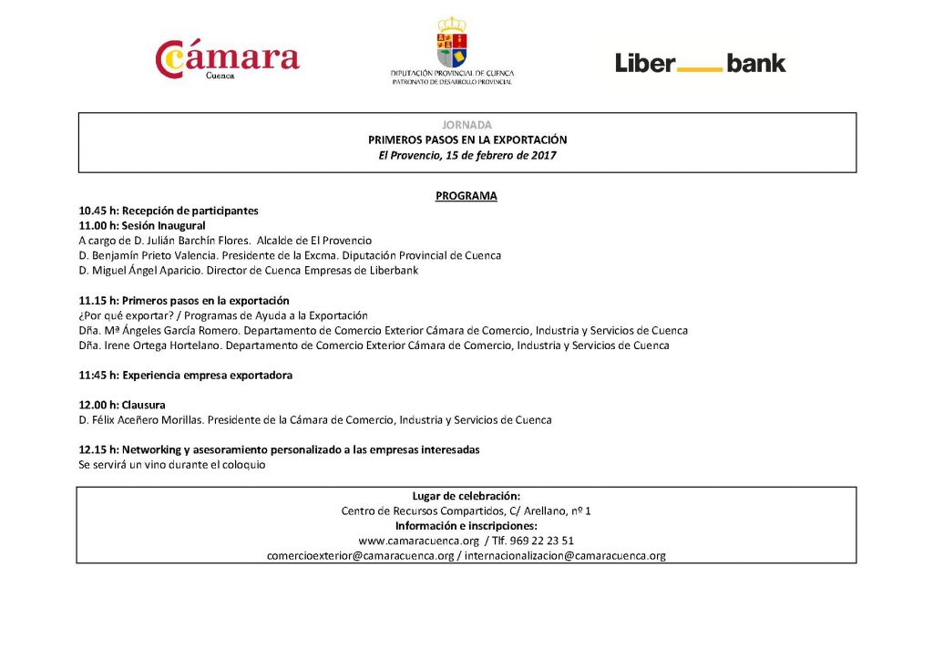 El próximo miércoles día 15 de febrero se celebrará en El Provencio la jornada «PRIMEROS PASOS EN LA EXPORTACIÓN»