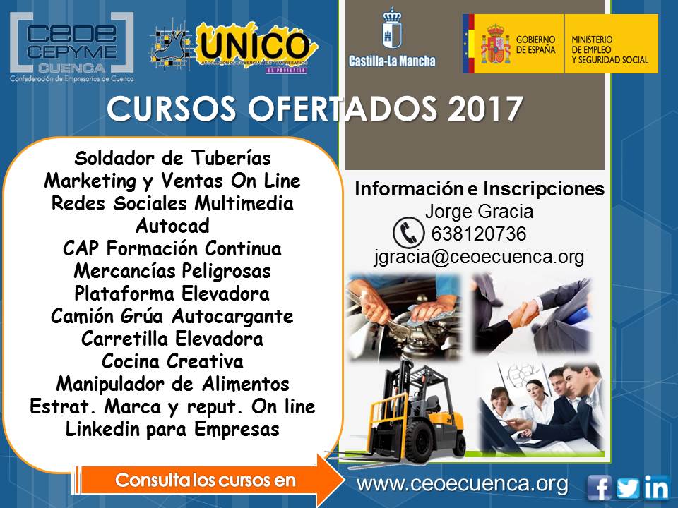 Listado de cursos ofertados por la Asociación Comarcal de Empresarios y Comerciantes UNICO de El Provencio para 2017