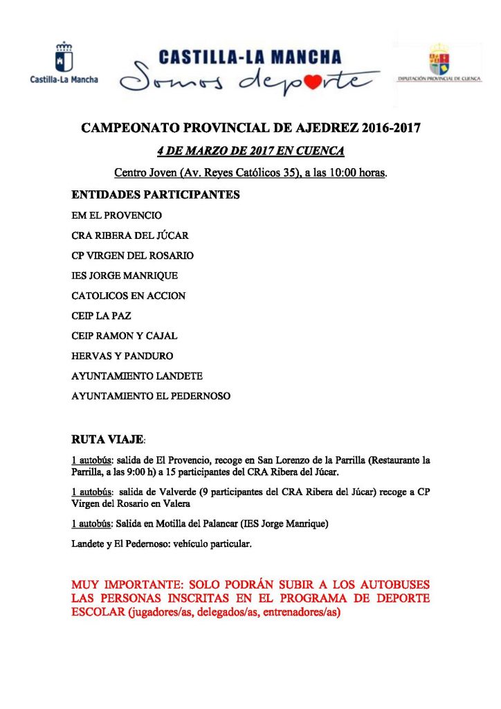 El Club de Ajedrez de El Provencio participará en el CAMPEONATO PROVINCIAL DE AJEDREZ 2016-2017