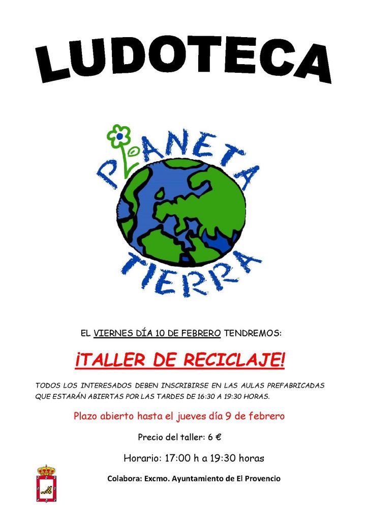 El próximo viernes día 10 de febrero la ludoteca oferta el «TALLER DE RECICLAJE»