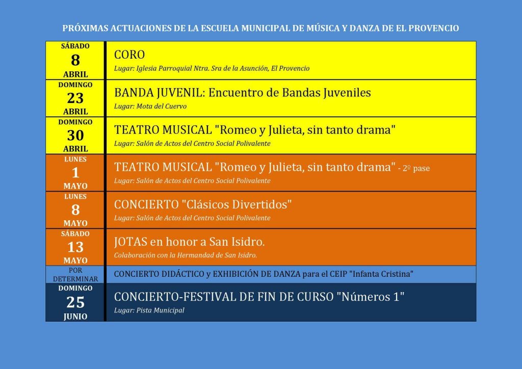Actuaciones previstas hasta fin de curso de nuestra Escuela Municipal de Música y Danza