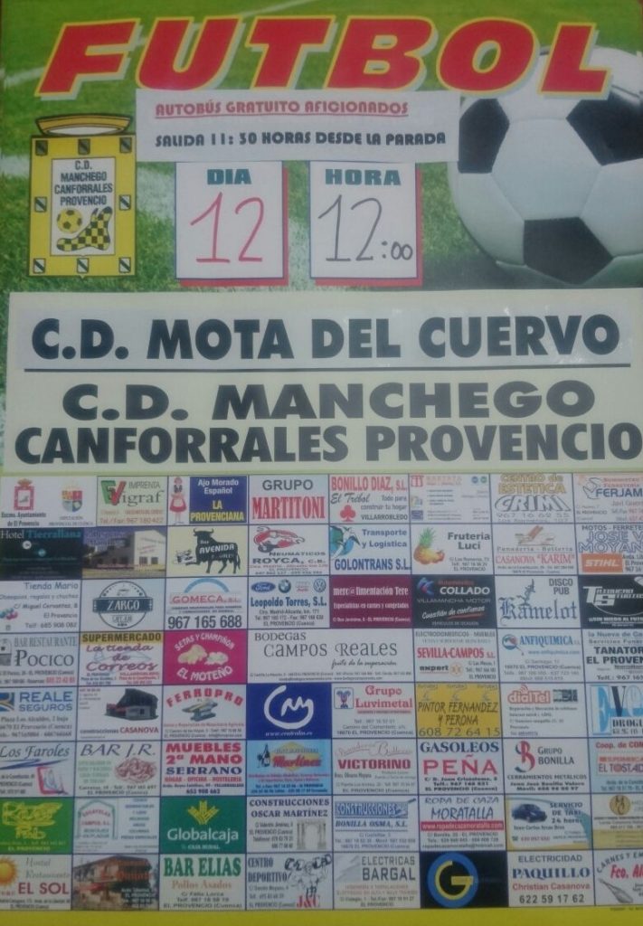 El próximo domingo día 12, a las 12:00 horas, fútbol CD MOTA DEL CUERVO – CD MANCHEGO-CANFORRALES PROVENCIO