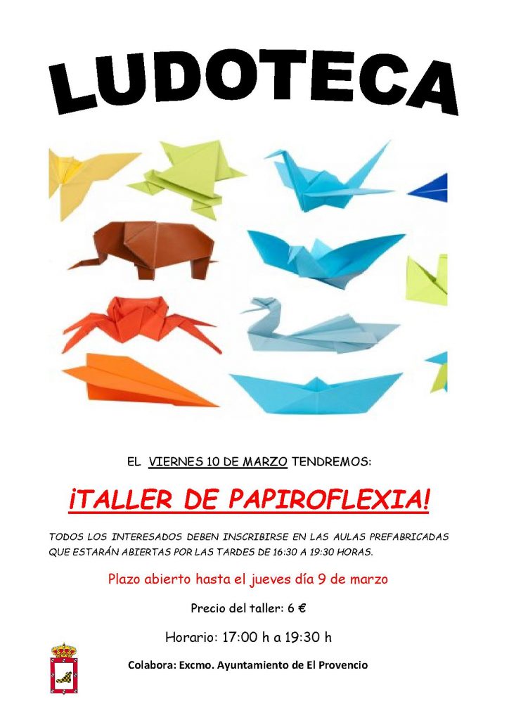 El próximo viernes día 10 de marzo la ludoteca oferta un «TALLER DE PAPIROFLEXIA»